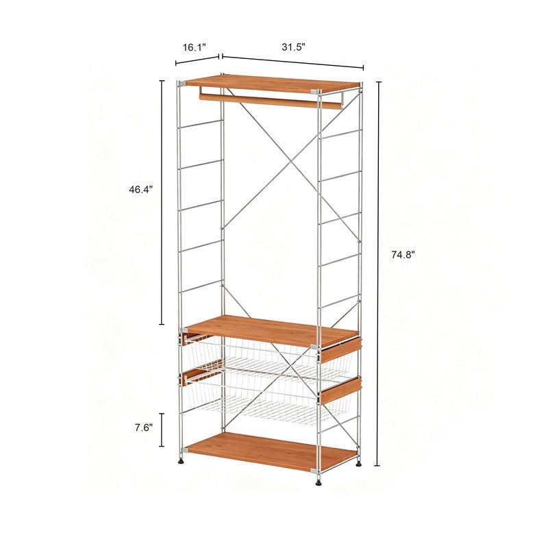 Open Wardrobe Rack with Wire Basket, Freestanding Minimalist Clothes Rack, Floor Standing Open Closet for Bedroom