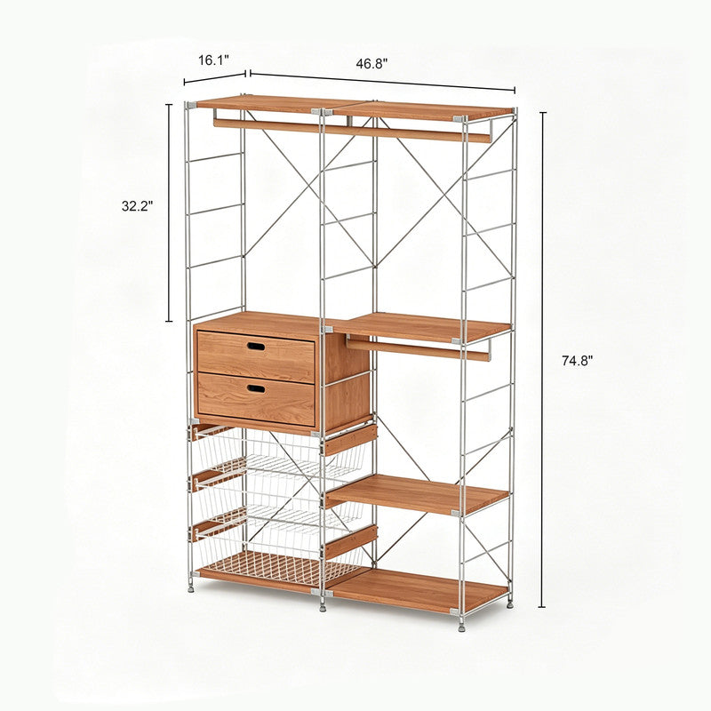 Japanese Style Clothing Rack with Basket & 2 Tier Drawers, Modular Open Wardrobe Organizer, Freestanding Floor Standing Closet for Bedroom