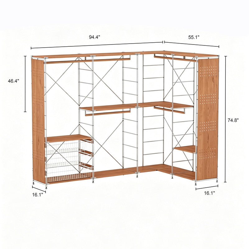 Japanese Style L-Shaped Clothing Rack - Extra Large Modular Open Wardrobe with Basket, Shelves & Hanging Rod for Bedroom Organization