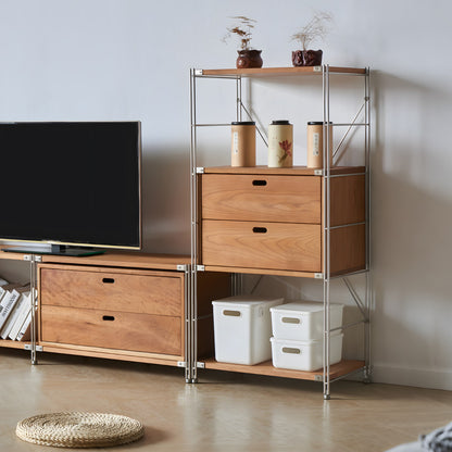 2 Tier Wooden Drawers, Natural Real Wood Storage Solution for Open Shelves, Easy Drop-in Installation