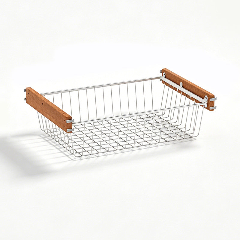 31.5 in. W x 16.1 in. D Solid Wood Handle Sliding Basket for Closet, Stainless Steel Wire Mesh Organizer for Wire Shelving Systems