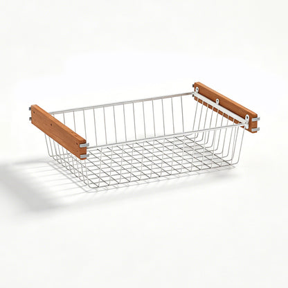 31.5 in. W x 16.1 in. D Solid Wood Handle Sliding Basket for Closet, Stainless Steel Wire Mesh Organizer for Wire Shelving Systems
