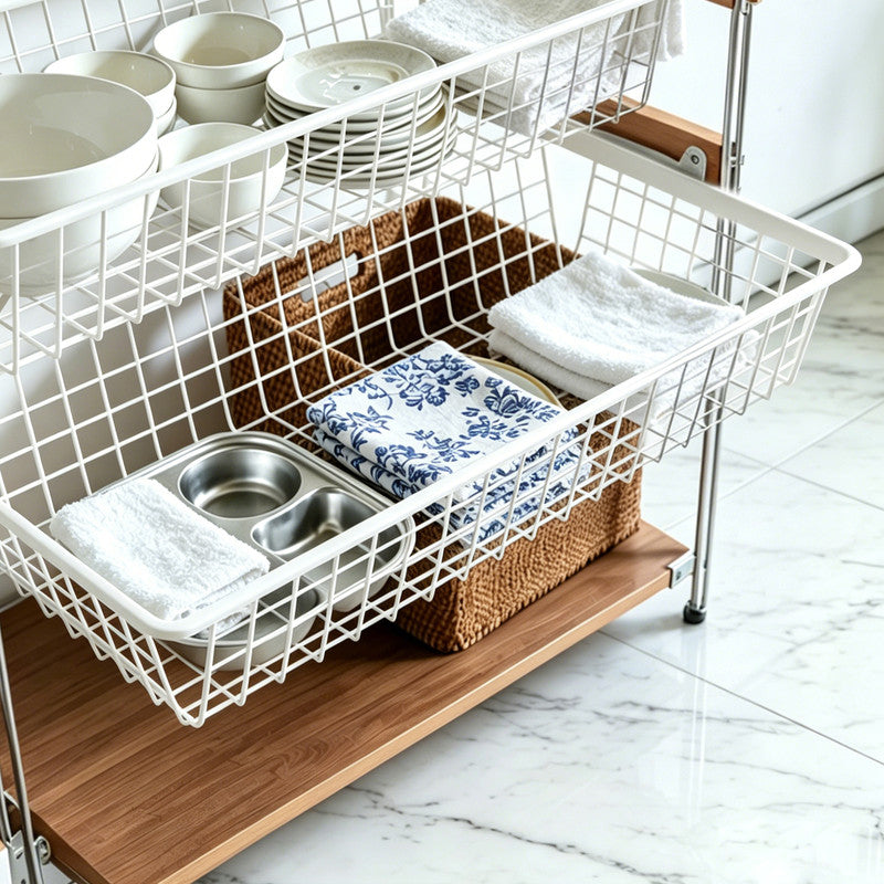 31.5 in. W x 16.1 in. D Solid Wood Handle Sliding Basket for Closet, Stainless Steel Wire Mesh Organizer for Wire Shelving Systems