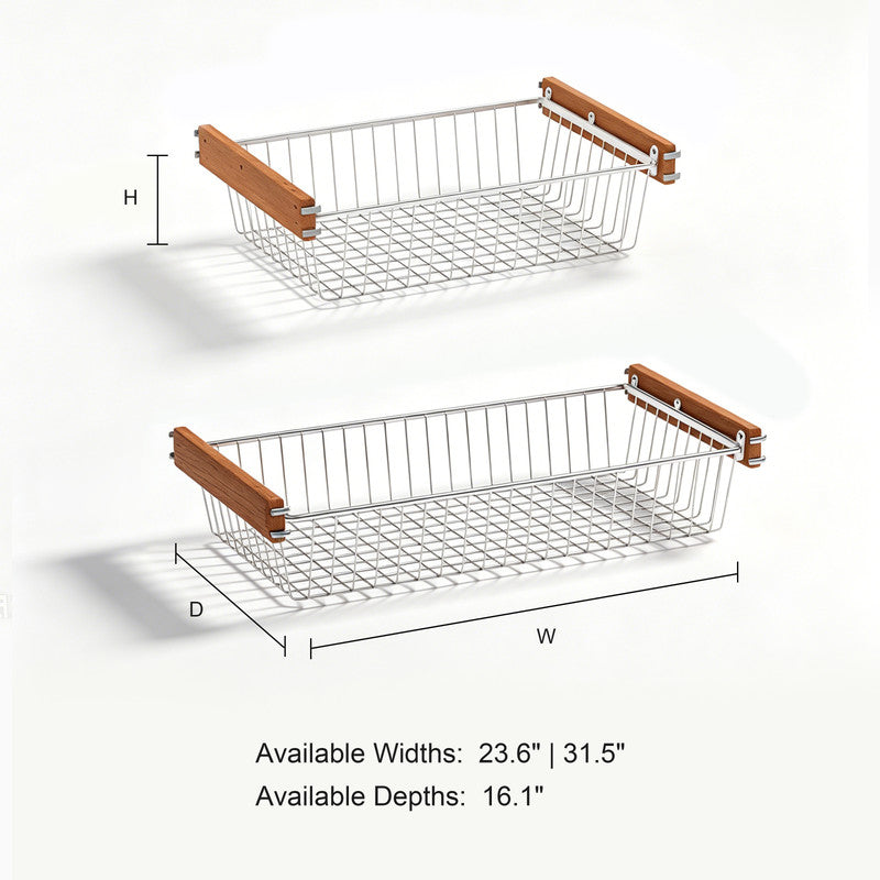 31.5 in. W x 16.1 in. D Solid Wood Handle Sliding Basket for Closet, Stainless Steel Wire Mesh Organizer for Wire Shelving Systems
