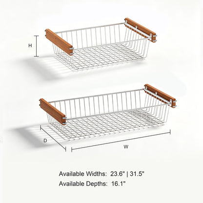 31.5 in. W x 16.1 in. D Solid Wood Handle Sliding Basket for Closet, Stainless Steel Wire Mesh Organizer for Wire Shelving Systems