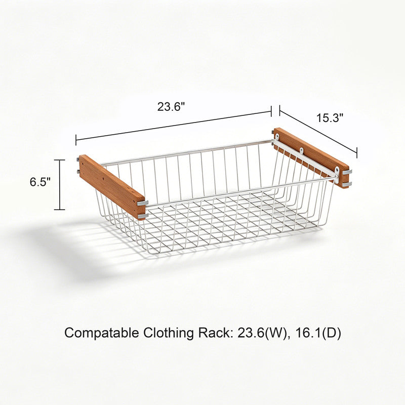 31.5 in. W x 16.1 in. D Solid Wood Handle Sliding Basket for Closet, Stainless Steel Wire Mesh Organizer for Wire Shelving Systems