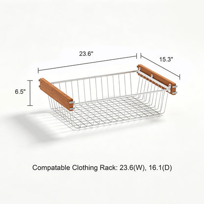31.5 in. W x 16.1 in. D Solid Wood Handle Sliding Basket for Closet, Stainless Steel Wire Mesh Organizer for Wire Shelving Systems