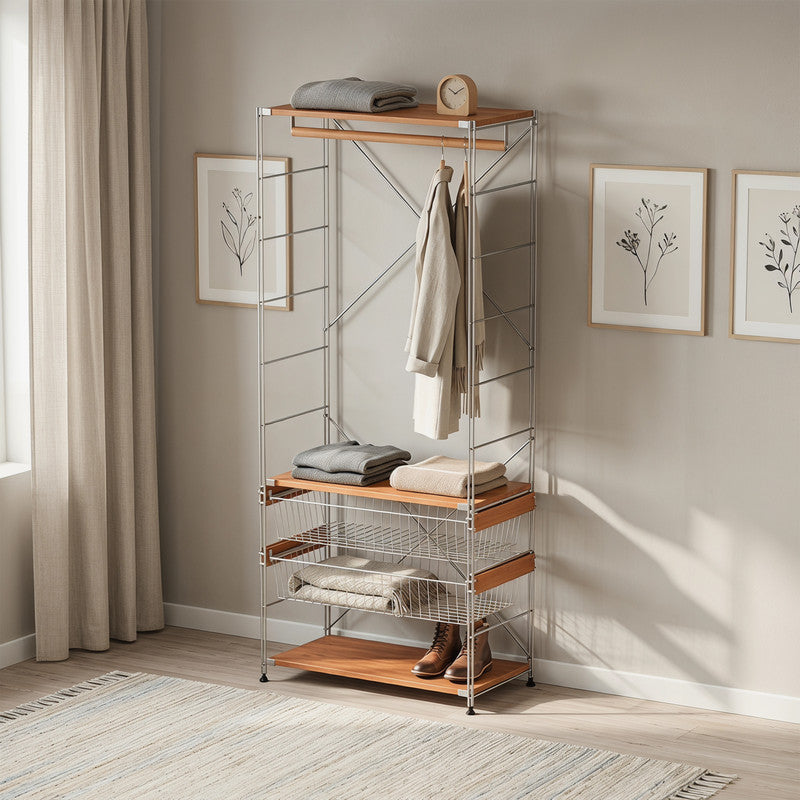 Open Wardrobe Rack with Wire Basket, Freestanding Minimalist Clothes Rack, Floor Standing Open Closet for Bedroom