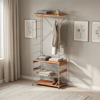 Open Wardrobe Rack with Wire Basket, Freestanding Minimalist Clothes Rack, Floor Standing Open Closet for Bedroom