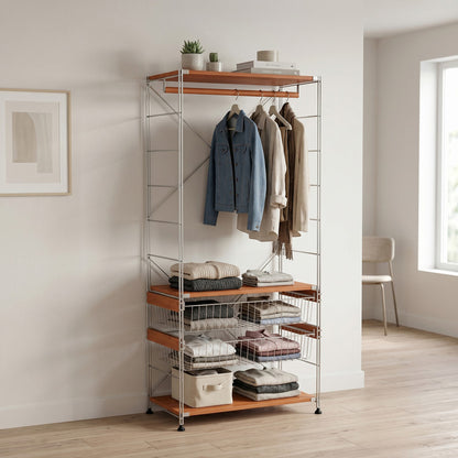 Open Wardrobe Rack with Wire Basket, Freestanding Minimalist Clothes Rack, Floor Standing Open Closet for Bedroom