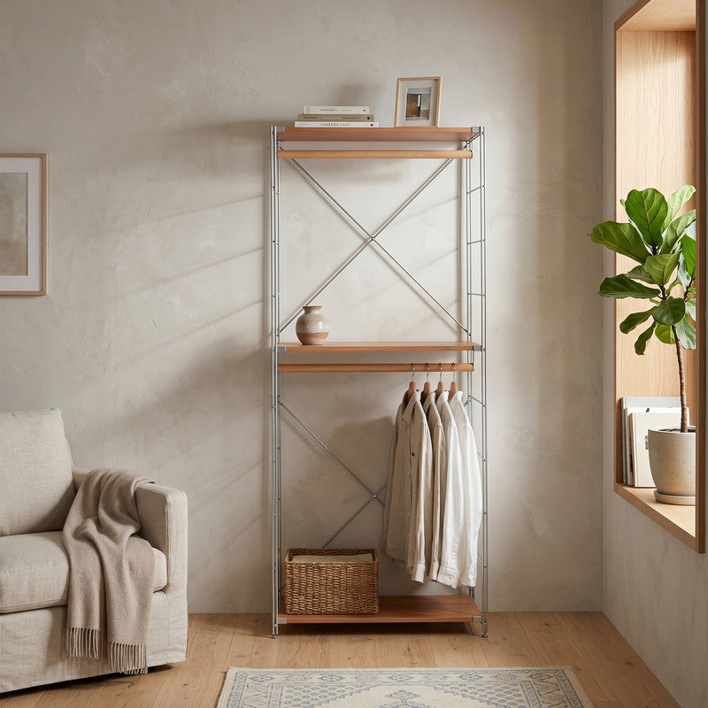 Japanese Style Clothing Rack, Freestanding Open Wardrobe with Hanging Bar, Floor Standing Bedroom Closet Organizer