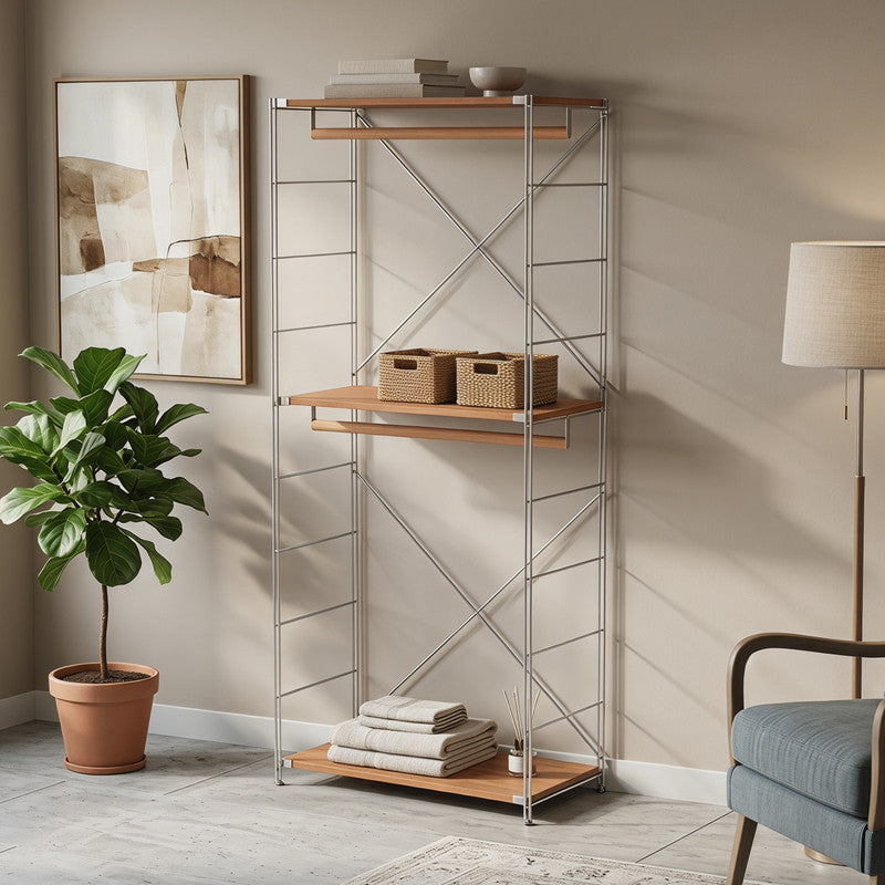 Japanese Style Clothing Rack, Freestanding Open Wardrobe with Hanging Bar, Floor Standing Bedroom Closet Organizer