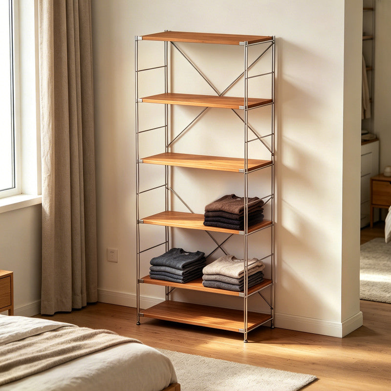 Japanese Style Clothing Rack with Shelves - Freestanding Open Wardrobe Organizer, Floor Standing Bedroom Closet