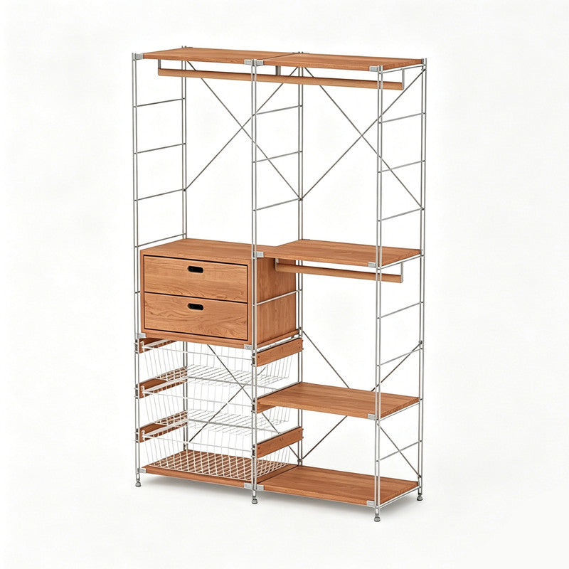 Japanese Style Clothing Rack with Basket & 2 Tier Drawers, Modular Open Wardrobe Organizer, Freestanding Floor Standing Closet for Bedroom