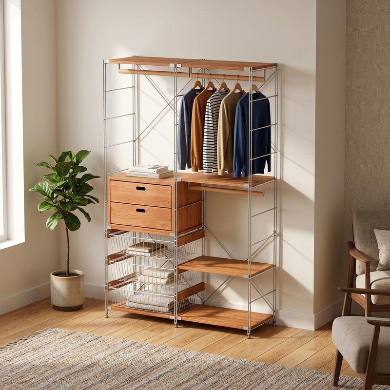 Japanese Style Clothing Rack with Basket & 2 Tier Drawers, Modular Open Wardrobe Organizer, Freestanding Floor Standing Closet for Bedroom