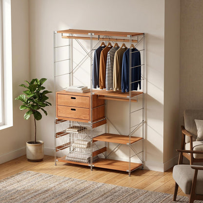 Japanese Style Clothing Rack with Basket & 2 Tier Drawers, Modular Open Wardrobe Organizer, Freestanding Floor Standing Closet for Bedroom
