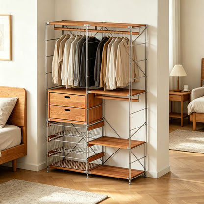 Japanese Style Clothing Rack with Basket & 2 Tier Drawers, Modular Open Wardrobe Organizer, Freestanding Floor Standing Closet for Bedroom