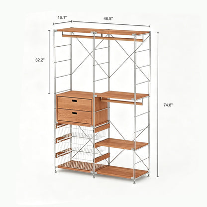 Japanese Style Clothing Rack with Basket & 2 Tier Drawers, Modular Open Wardrobe Organizer, Freestanding Floor Standing Closet for Bedroom