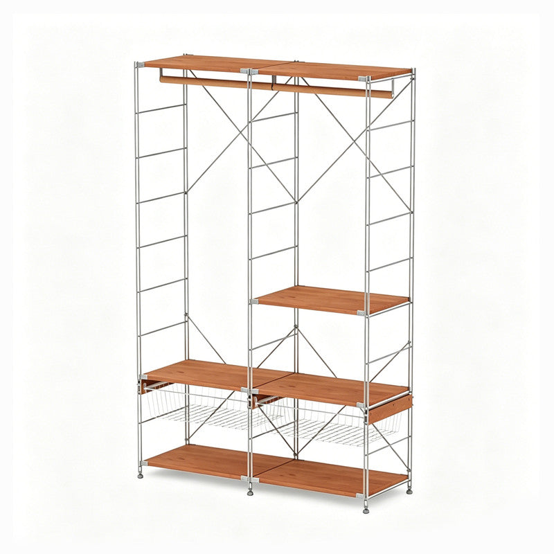Japanese Style Clothing Rack with Basket, Modular Open Wardrobe Organizer, Freestanding L-Shaped Floor Standing Closet for Bedroom
