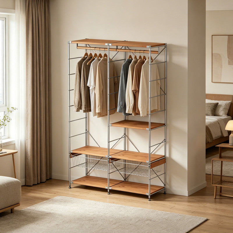 Japanese Style Clothing Rack with Basket, Modular Open Wardrobe Organizer, Freestanding L-Shaped Floor Standing Closet for Bedroom