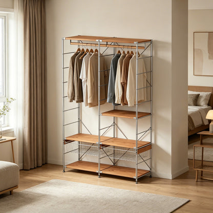 Japanese Style Clothing Rack with Basket, Modular Open Wardrobe Organizer, Freestanding L-Shaped Floor Standing Closet for Bedroom
