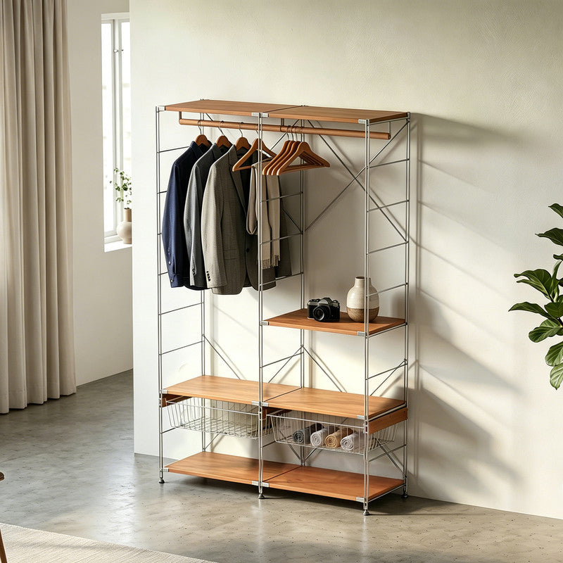 Japanese Style Clothing Rack with Basket, Modular Open Wardrobe Organizer, Freestanding L-Shaped Floor Standing Closet for Bedroom