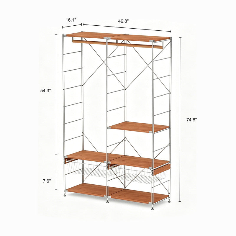 Japanese Style Clothing Rack with Basket, Modular Open Wardrobe Organizer, Freestanding L-Shaped Floor Standing Closet for Bedroom