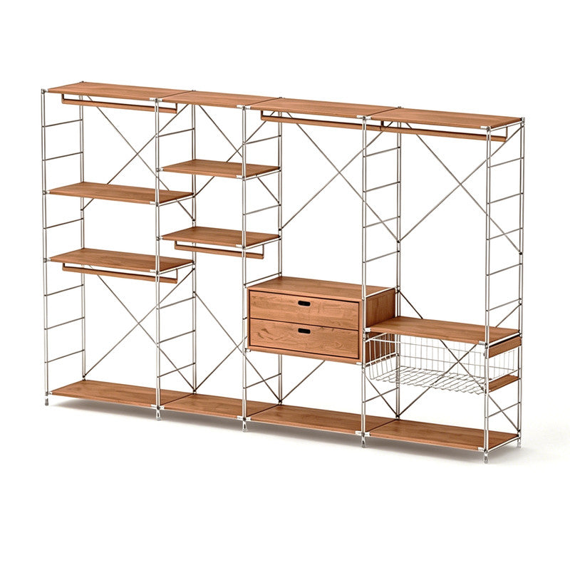 Japanese Style Clothing Rack with Basket & Drawers, Extra Large Modular Open Wardrobe Organizer for Hanging, Folding & Storing Clothes