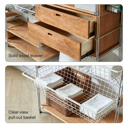 Japanese Style Clothing Rack with Basket & Drawers, Extra Large Modular Open Wardrobe Organizer for Hanging, Folding & Storing Clothes