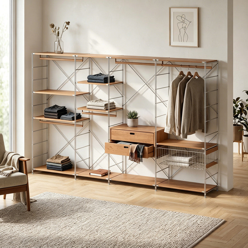 Japanese Style Clothing Rack with Basket & Drawers, Extra Large Modular Open Wardrobe Organizer for Hanging, Folding & Storing Clothes