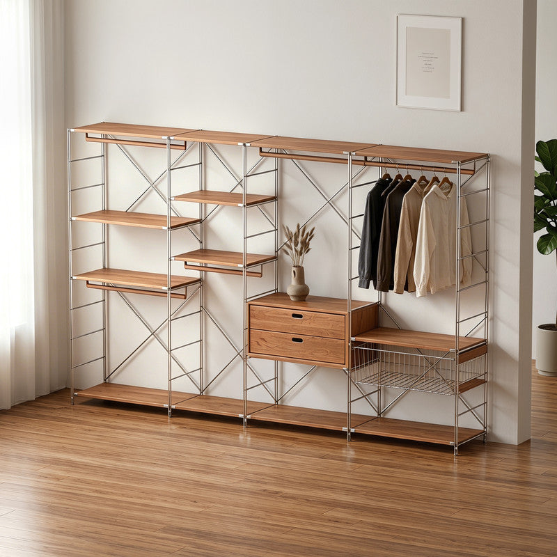 Japanese Style Clothing Rack with Basket & Drawers, Extra Large Modular Open Wardrobe Organizer for Hanging, Folding & Storing Clothes
