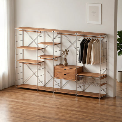 Japanese Style Clothing Rack with Basket & Drawers, Extra Large Modular Open Wardrobe Organizer for Hanging, Folding & Storing Clothes