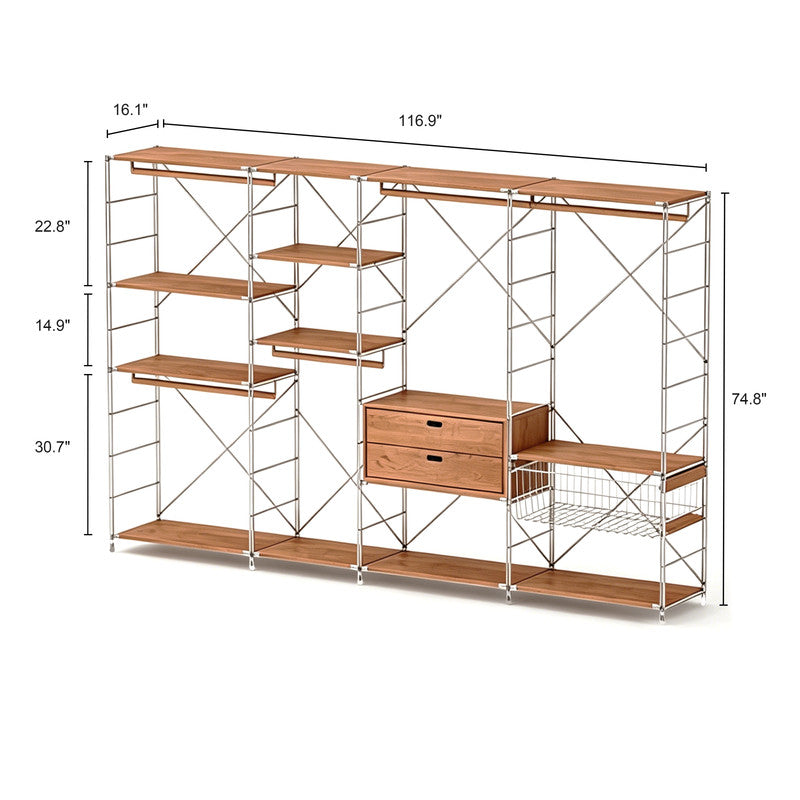 Japanese Style Clothing Rack with Basket & Drawers, Extra Large Modular Open Wardrobe Organizer for Hanging, Folding & Storing Clothes