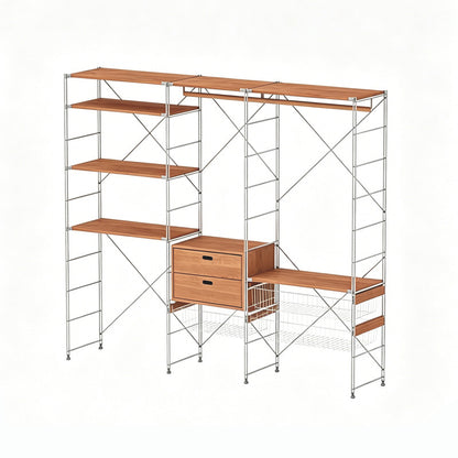 Japanese Style Clothing Rack with Basket, Drawers & Shelves, Modular Open Wardrobe Organizer for Hanging, Folding & Storing Clothes in Bedroom