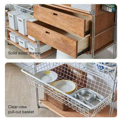 Japanese Style Clothing Rack with Basket, Drawers & Shelves, Modular Open Wardrobe Organizer for Hanging, Folding & Storing Clothes in Bedroom