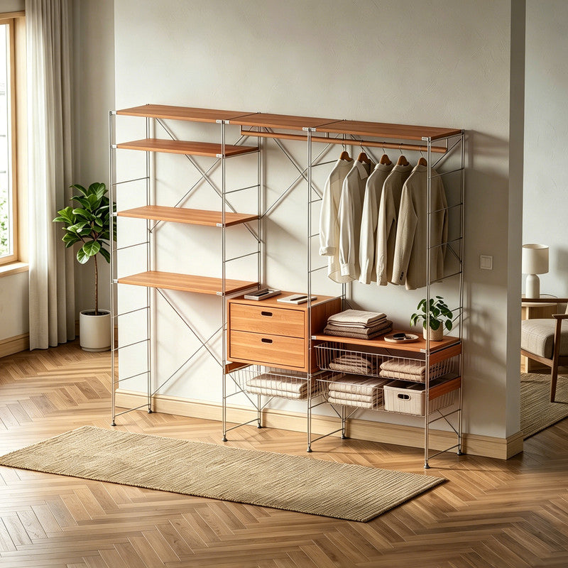 Japanese Style Clothing Rack with Basket, Drawers & Shelves, Modular Open Wardrobe Organizer for Hanging, Folding & Storing Clothes in Bedroom