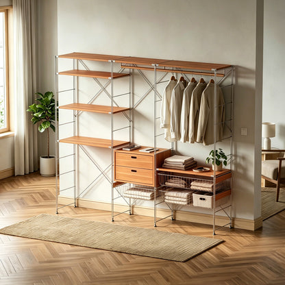 Japanese Style Clothing Rack with Basket, Drawers & Shelves, Modular Open Wardrobe Organizer for Hanging, Folding & Storing Clothes in Bedroom