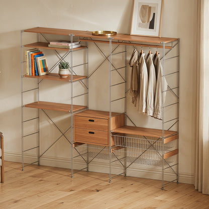 Japanese Style Clothing Rack with Basket, Drawers & Shelves, Modular Open Wardrobe Organizer for Hanging, Folding & Storing Clothes in Bedroom