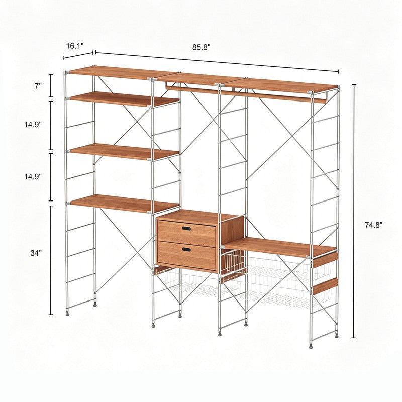 Japanese Style Clothing Rack with Basket, Drawers & Shelves, Modular Open Wardrobe Organizer for Hanging, Folding & Storing Clothes in Bedroom