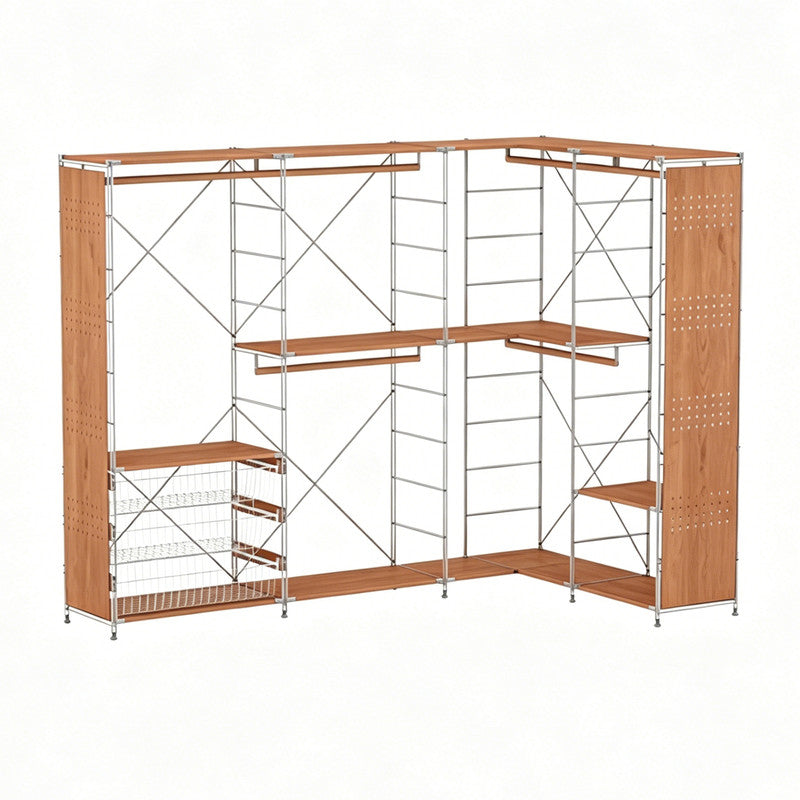 Japanese Style L-Shaped Clothing Rack - Extra Large Modular Open Wardrobe with Basket, Shelves & Hanging Rod for Bedroom Organization
