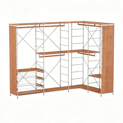 Japanese Style L-Shaped Clothing Rack - Extra Large Modular Open Wardrobe with Basket, Shelves & Hanging Rod for Bedroom Organization