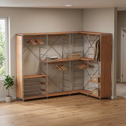 Japanese Style L-Shaped Clothing Rack - Extra Large Modular Open Wardrobe with Basket, Shelves & Hanging Rod for Bedroom Organization