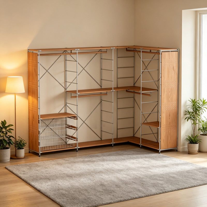 Japanese Style L-Shaped Clothing Rack - Extra Large Modular Open Wardrobe with Basket, Shelves & Hanging Rod for Bedroom Organization