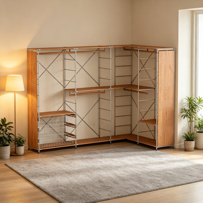 Japanese Style L-Shaped Clothing Rack - Extra Large Modular Open Wardrobe with Basket, Shelves & Hanging Rod for Bedroom Organization