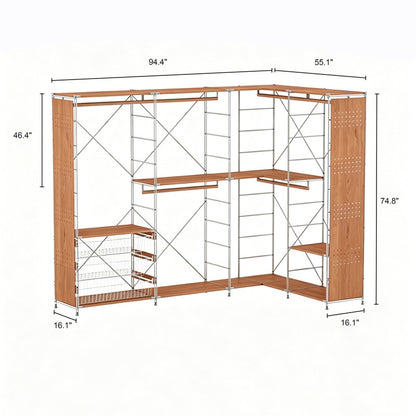 Japanese Style L-Shaped Clothing Rack - Extra Large Modular Open Wardrobe with Basket, Shelves & Hanging Rod for Bedroom Organization